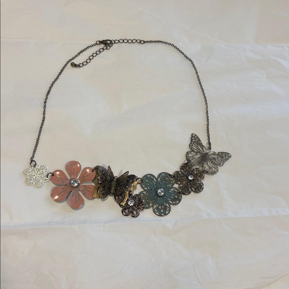 Floral Butterfly Necklace with Pink and Green Accents